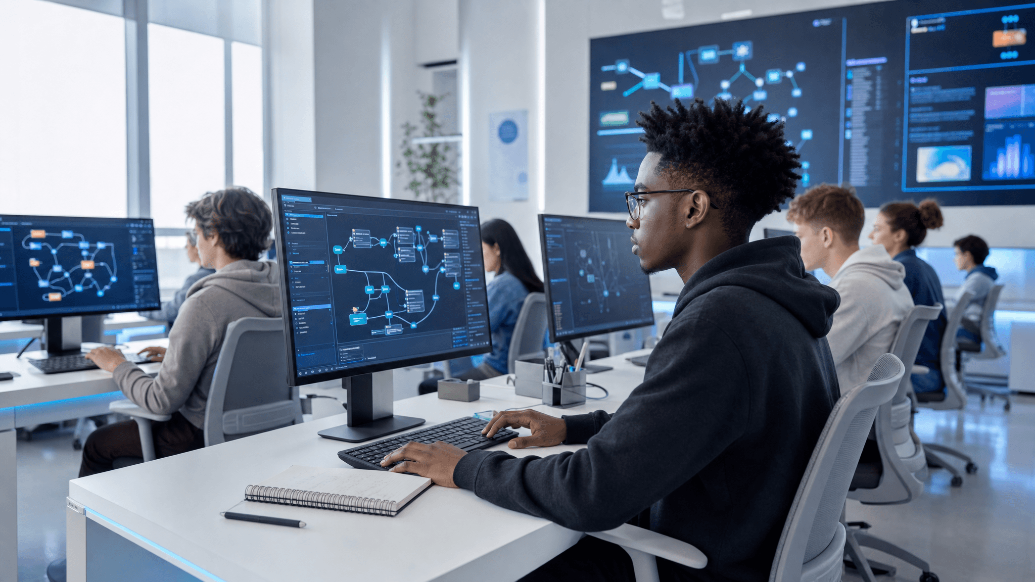 Nouveaux étudiants apprenant les flux IA